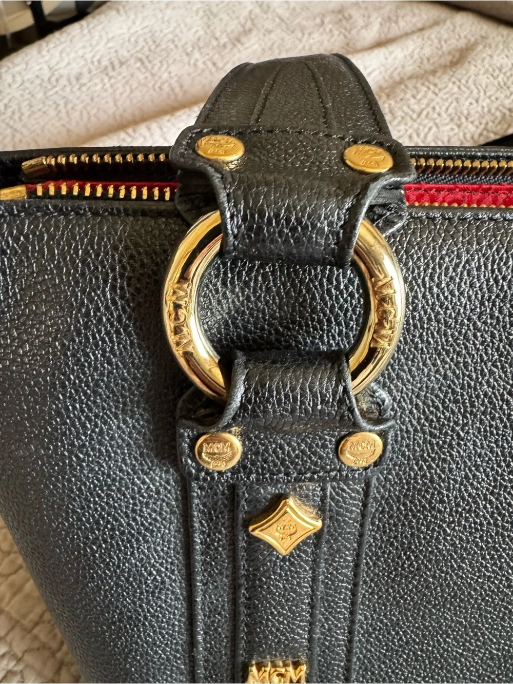 EUC Pebbled Leather Red Interior Vtg Medium MCM Tote - Picture 2 of 16